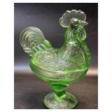Green Glass Rooster Candy Dish
