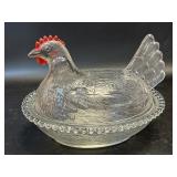 Indiana Glass Hen Chicken on Nest  clear with Red