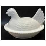 Hen On Nest Milk Glass 7"