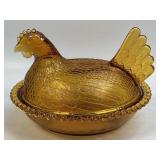 (A) Vintage Indiana Glass Amber Hen On Nest
