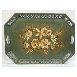 (H) Vintage Toleware Green Hand-Painted Tin Tole