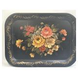 (H) Vintage Toleware Black Hand-painted Tin Tole