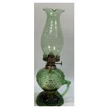 (B) Vintage Green Glass Oil Lamp with Side Handle