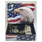 Knife and Pocket Watch Set in American Eagle Tin