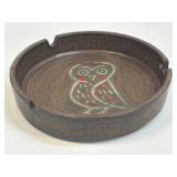 (H) Pottery Owl Ashtray Green Blue Brown Drip