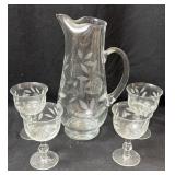 Etched Glass Pitcher & 4 Goblets- Pitcher is