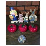 Resin Rabbit Figures, Ceramic Apples & Glass