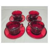 4 Vintage Ruby Red Glass Teacups & Saucers