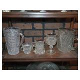 2 Indiana Glass Diamond Point Pitchers, Goblet,