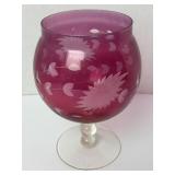 Cranberry Etched Glass Floral Pedestal Vase  3