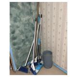 Assorted Brooms & Metal Trash Can
