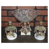 Brass & Cut Crystal Pedistal Fruit Bowl & 2
