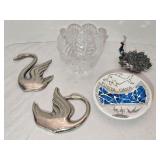 Clear Glass Bowl, Metal Swans, Ceramic Bowl &