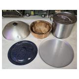 Steel Stock Pot, Wooden Bowls, Aluminum Lid,