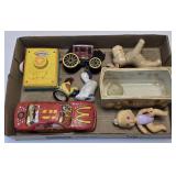 (G) Die Cast Car, Fisher Price Radio, Wagon Bank,