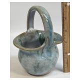 (C) Handmade Pottery Basket Signed Blue/Green
