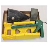 (W) Funnel, Caulk Gun, Mitre Box & Sanding Block
