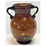 (B) Double Handled Amber Glass Vase 9.75ï¿½ Tall