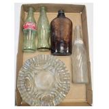 (F) Clear Glass Ashtray & Vintage Bottles