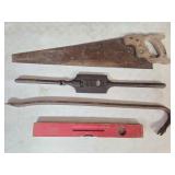 Hand Saw, Vintage Pipe Threader, 29" Pry Bar & 18"