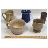 (B) 5 Pc Handmade Pottery Mugs, Vases As Pictured