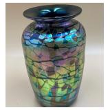 P - SIGNED  ART NOUVEAU GLASS IRIDESENT VASE 7"T