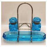 P - ART DECO CUT GLASS DOUBLE INKWELL & PENHOLDER