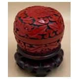 P - VINTAGE CINNABAR CARVED TRINKET BOX ON STAND