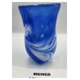 P - SIGNED COBALT BLUE ART GLASS VASE 8"T (A25)