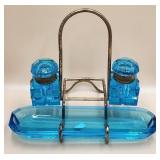 P - ANTIQUE TURQUOISE GLASS INK WELLS & PEN HOLDER