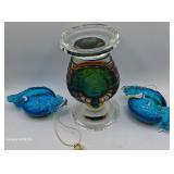 V - 2 ART GLASS ORNAMENTS & FACETED VASE