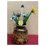 V - CERAMIC VASE W/ GLASS FLOWERS (B75)