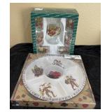 V - CHIP & DIP SERVING DISH, GLASS DECANTER & CUPS
