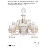 V - HAND MADE GLASS DECANTER W/ GLASSES & TRAY