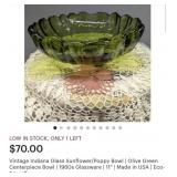 P - VINTAGE INDIANA GLASS GREEN SUNFLOWER BOWL