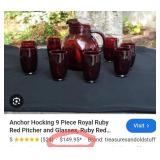 P - VINTAGE RED GLASS PITCHER & CUPS (B3)