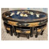 303 - CHINESE BLACK LACQUERED TEA TABLE W/ STOOLS