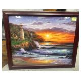 303 - CLIFFSIDE LIGHTHOUSE ART FRAMED 31X26" (P59)