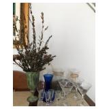 310 - MIXED LOT STEMWARE & VASE W/ FAUX FLOWERS