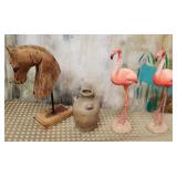 11 - LOT OF HORSE, POT & FLAMINGOES STATUES