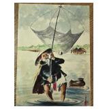 M - ASIAN FISHERMAN WATERCOLOR ART 17X12"