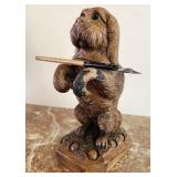 M - VINTAGE CARVED WOOD DOG W/ GLASS EYES INKWELL