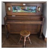 M - ANTIQUE PLAYER PIANO W/ STAINED GLASS PANEL