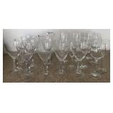 M - VINTAGE GLASS PITCHER W/ MIXED STEMWARE (G6)