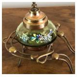 M - VINTAGE SMALL GREEN GLASS W/FILIGREE INKWELL