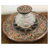 M - ANTIQUE 3-PIECE CRYSTAL INKWELL ON TRAY (E147)