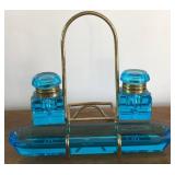 M - ART DECO CUT GLASS DOUBLE INKWELL & PENHOLDER