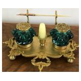 M - VINTAGE GREEN GLASS INKWELL W/ MOP PEN (E115)
