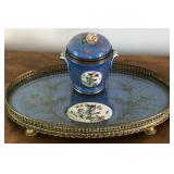 M - VINTAGE FRENCH PORCELAIN INKWELL W/TRAY (E51)