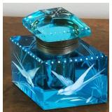 M - VINTAGE FRENCH BLUE BIRDS INKWELL (E125)